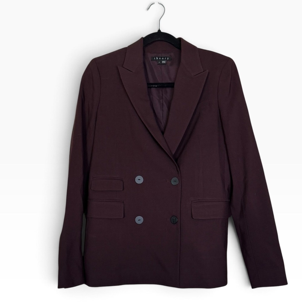 Theory Womens Double Breasted Wool Blend Blazer Plum Burgundy Peak Lapel Size 4